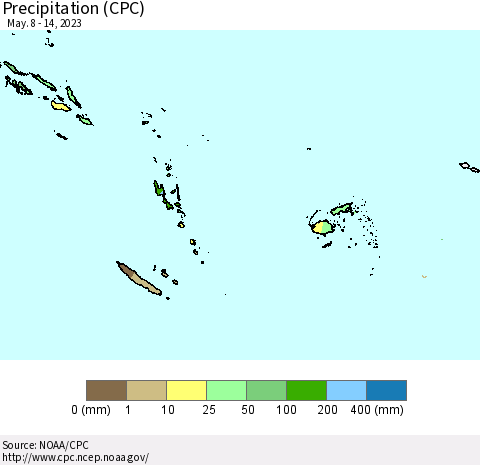 Fiji, Samoa, Solomon Isl. and Vanuatu Precipitation (CPC) Thematic Map For 5/8/2023 - 5/14/2023