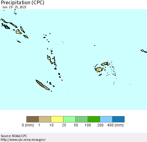 Fiji, Samoa, Solomon Isl. and Vanuatu Precipitation (CPC) Thematic Map For 6/19/2023 - 6/25/2023