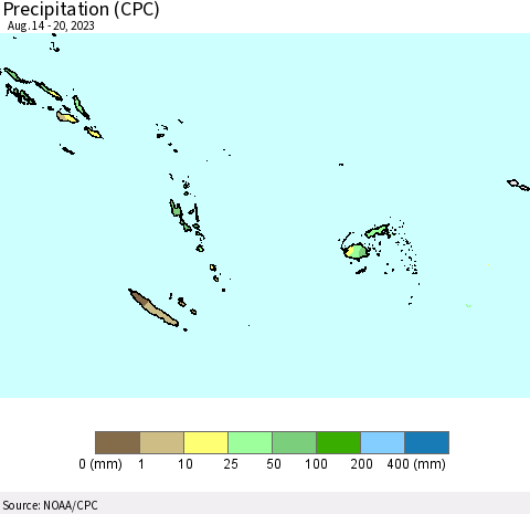 Fiji, Samoa, Solomon Isl. and Vanuatu Precipitation (CPC) Thematic Map For 8/14/2023 - 8/20/2023