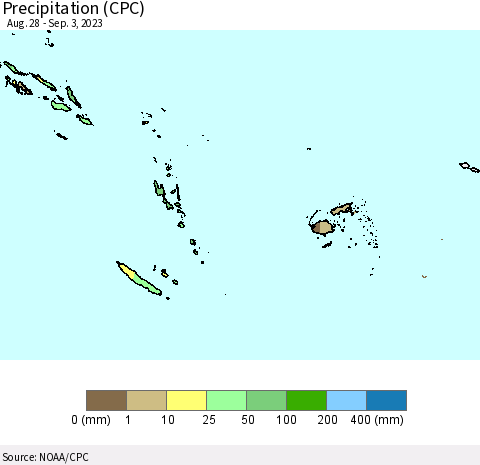 Fiji, Samoa, Solomon Isl. and Vanuatu Precipitation (CPC) Thematic Map For 8/28/2023 - 9/3/2023