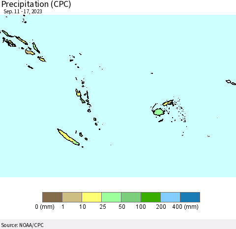 Fiji, Samoa, Solomon Isl. and Vanuatu Precipitation (CPC) Thematic Map For 9/11/2023 - 9/17/2023