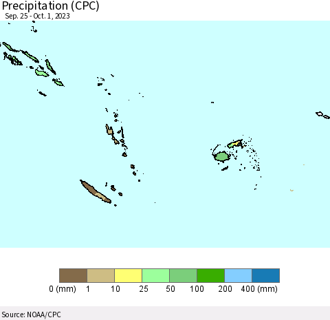 Fiji, Samoa, Solomon Isl. and Vanuatu Precipitation (CPC) Thematic Map For 9/25/2023 - 10/1/2023
