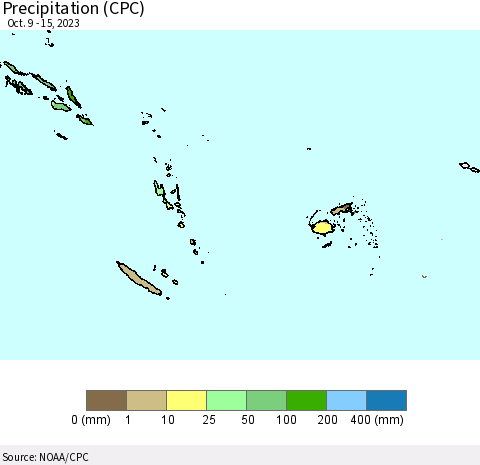 Fiji, Samoa, Solomon Isl. and Vanuatu Precipitation (CPC) Thematic Map For 10/9/2023 - 10/15/2023