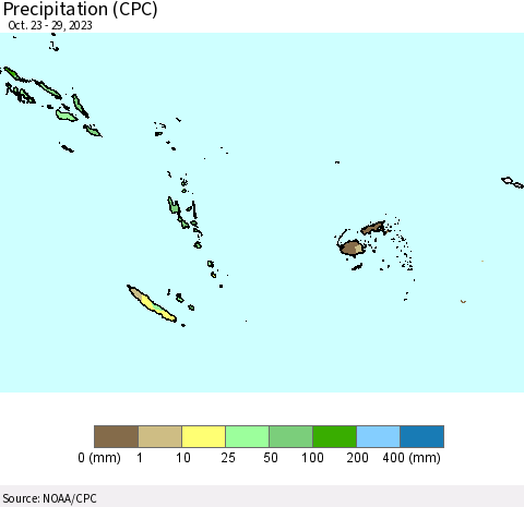 Fiji, Samoa, Solomon Isl. and Vanuatu Precipitation (CPC) Thematic Map For 10/23/2023 - 10/29/2023