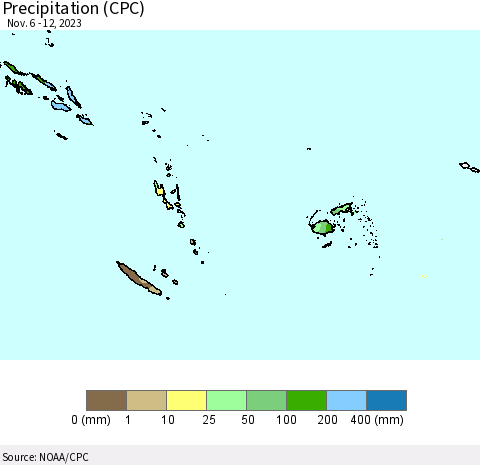 Fiji, Samoa, Solomon Isl. and Vanuatu Precipitation (CPC) Thematic Map For 11/6/2023 - 11/12/2023