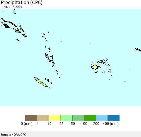 Fiji, Samoa, Solomon Isl. and Vanuatu Precipitation (CPC) Thematic Map For 1/1/2024 - 1/7/2024