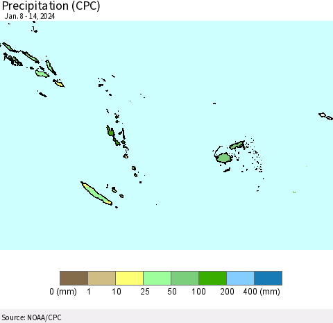 Fiji, Samoa, Solomon Isl. and Vanuatu Precipitation (CPC) Thematic Map For 1/8/2024 - 1/14/2024