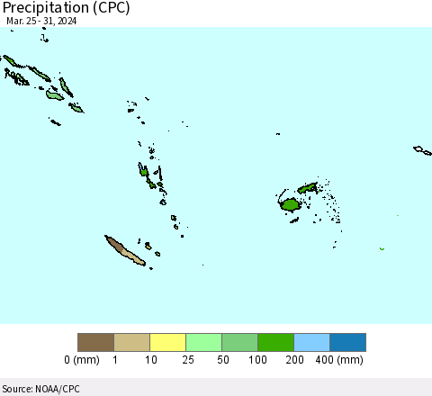 Fiji, Samoa, Solomon Isl. and Vanuatu Precipitation (CPC) Thematic Map For 3/25/2024 - 3/31/2024