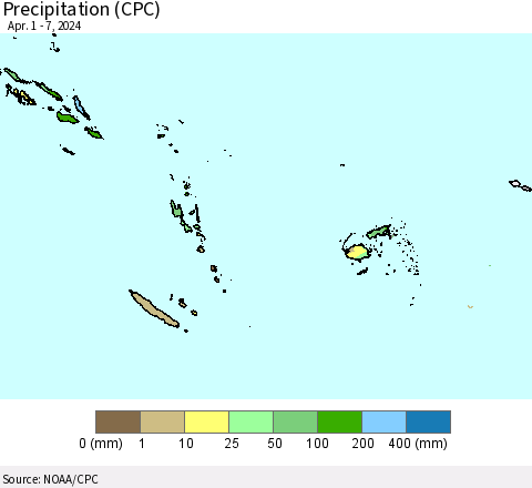 Fiji, Samoa, Solomon Isl. and Vanuatu Precipitation (CPC) Thematic Map For 4/1/2024 - 4/7/2024