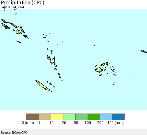Fiji, Samoa, Solomon Isl. and Vanuatu Precipitation (CPC) Thematic Map For 4/8/2024 - 4/14/2024