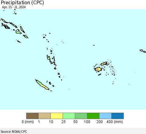 Fiji, Samoa, Solomon Isl. and Vanuatu Precipitation (CPC) Thematic Map For 4/15/2024 - 4/21/2024