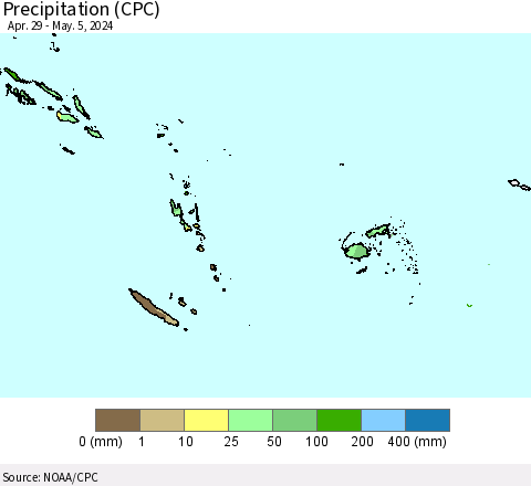 Fiji, Samoa, Solomon Isl. and Vanuatu Precipitation (CPC) Thematic Map For 4/29/2024 - 5/5/2024
