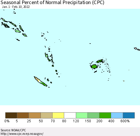 Fiji, Samoa, Solomon Isl. and Vanuatu Seasonal Percent of Normal Precipitation (CPC) Thematic Map For 1/1/2022 - 2/10/2022