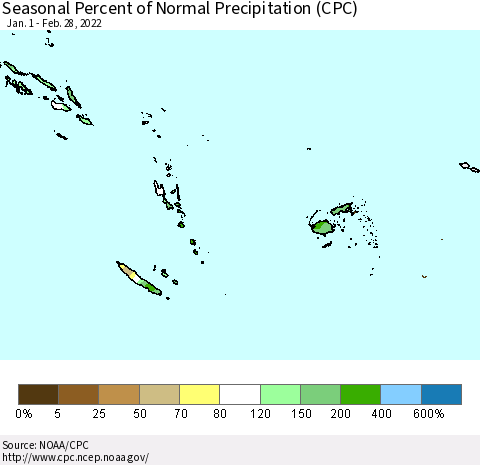 Fiji, Samoa, Solomon Isl. and Vanuatu Seasonal Percent of Normal Precipitation (CPC) Thematic Map For 1/1/2022 - 2/28/2022