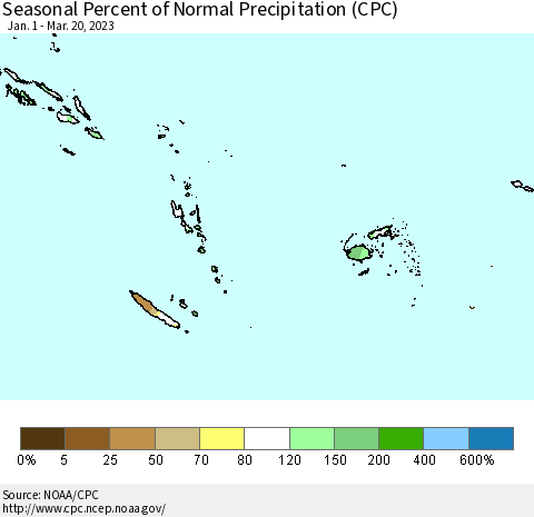 Fiji, Samoa, Solomon Isl. and Vanuatu Seasonal Percent of Normal Precipitation (CPC) Thematic Map For 1/1/2023 - 3/20/2023