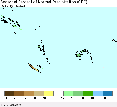 Fiji, Samoa, Solomon Isl. and Vanuatu Seasonal Percent of Normal Precipitation (CPC) Thematic Map For 1/1/2024 - 3/31/2024