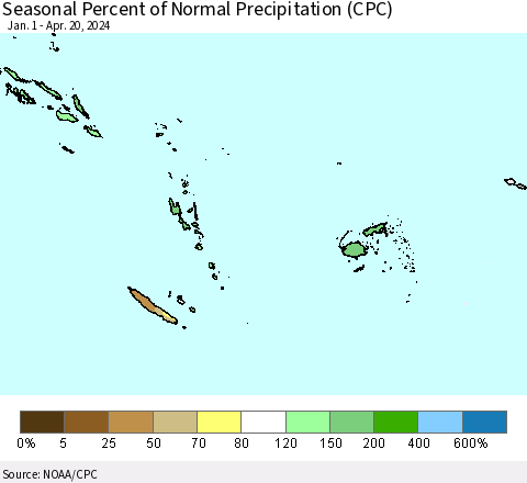 Fiji, Samoa, Solomon Isl. and Vanuatu Seasonal Percent of Normal Precipitation (CPC) Thematic Map For 1/1/2024 - 4/20/2024
