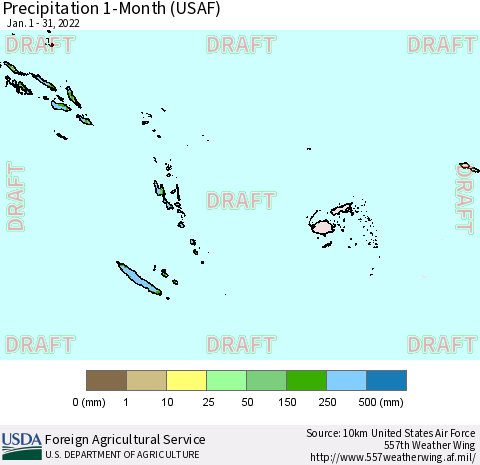 Fiji, Samoa, Solomon Isl. and Vanuatu Precipitation 1-Month (USAF) Thematic Map For 1/1/2022 - 1/31/2022