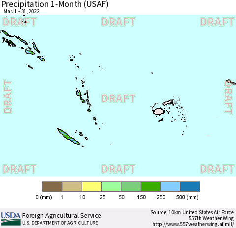 Fiji, Samoa, Solomon Isl. and Vanuatu Precipitation 1-Month (USAF) Thematic Map For 3/1/2022 - 3/31/2022