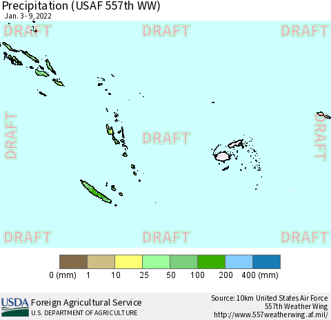 Fiji, Samoa, Solomon Isl. and Vanuatu Precipitation (USAF 557th WW) Thematic Map For 1/3/2022 - 1/9/2022
