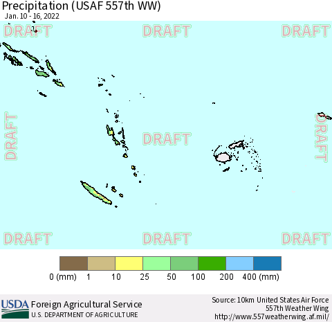 Fiji, Samoa, Solomon Isl. and Vanuatu Precipitation (USAF 557th WW) Thematic Map For 1/10/2022 - 1/16/2022