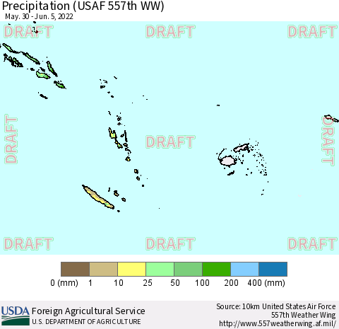 Fiji, Samoa, Solomon Isl. and Vanuatu Precipitation (USAF 557th WW) Thematic Map For 5/30/2022 - 6/5/2022
