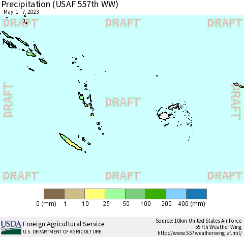 Fiji, Samoa, Solomon Isl. and Vanuatu Precipitation (USAF 557th WW) Thematic Map For 5/1/2023 - 5/7/2023