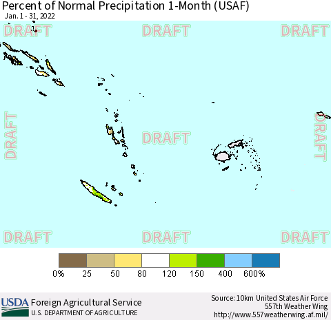 Fiji, Samoa, Solomon Isl. and Vanuatu Percent of Normal Precipitation 1-Month (USAF) Thematic Map For 1/1/2022 - 1/31/2022