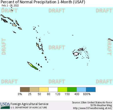 Fiji, Samoa, Solomon Isl. and Vanuatu Percent of Normal Precipitation 1-Month (USAF) Thematic Map For 2/1/2022 - 2/28/2022