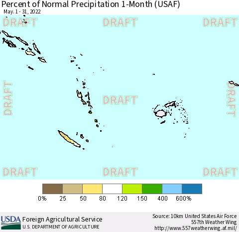 Fiji, Samoa, Solomon Isl. and Vanuatu Percent of Normal Precipitation 1-Month (USAF) Thematic Map For 5/1/2022 - 5/31/2022