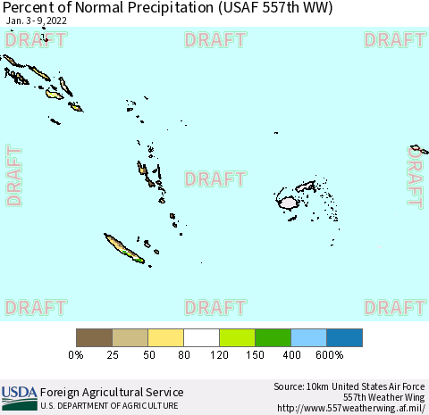 Fiji, Samoa, Solomon Isl. and Vanuatu Percent of Normal Precipitation (USAF 557th WW) Thematic Map For 1/3/2022 - 1/9/2022