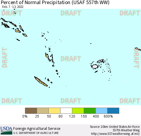 Fiji, Samoa, Solomon Isl. and Vanuatu Percent of Normal Precipitation (USAF 557th WW) Thematic Map For 2/7/2022 - 2/13/2022