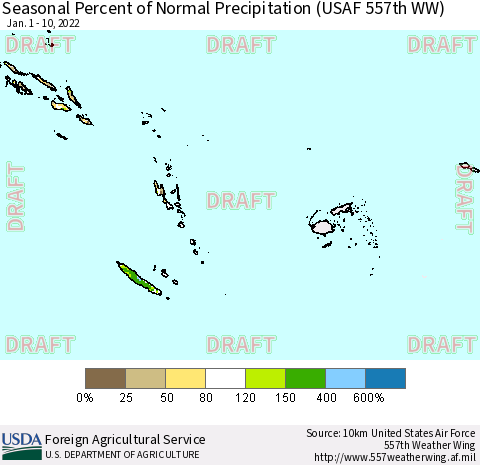 Fiji, Samoa, Solomon Isl. and Vanuatu Seasonal Percent of Normal Precipitation (USAF 557th WW) Thematic Map For 1/1/2022 - 1/10/2022