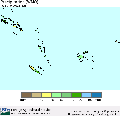 Fiji, Samoa, Solomon Isl. and Vanuatu Precipitation (WMO) Thematic Map For 1/3/2022 - 1/9/2022