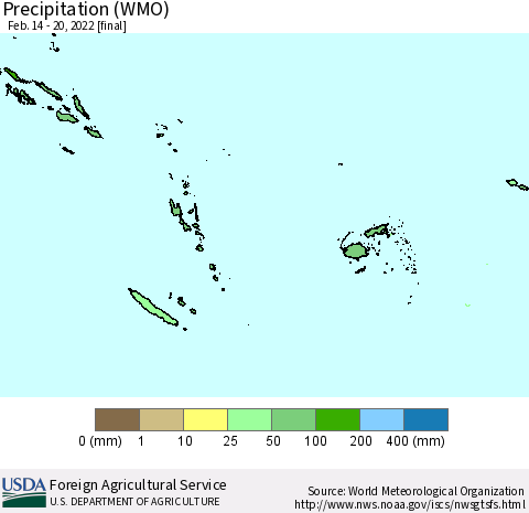 Fiji, Samoa, Solomon Isl. and Vanuatu Precipitation (WMO) Thematic Map For 2/14/2022 - 2/20/2022