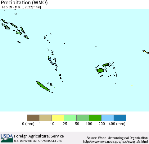 Fiji, Samoa, Solomon Isl. and Vanuatu Precipitation (WMO) Thematic Map For 2/28/2022 - 3/6/2022