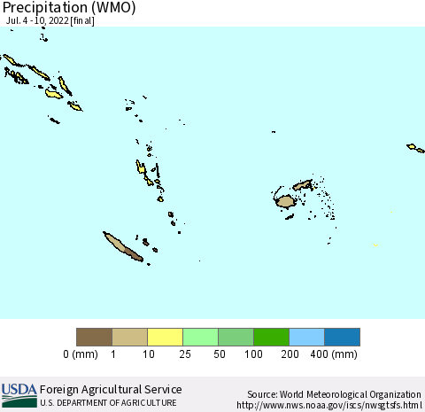 Fiji, Samoa, Solomon Isl. and Vanuatu Precipitation (WMO) Thematic Map For 7/4/2022 - 7/10/2022