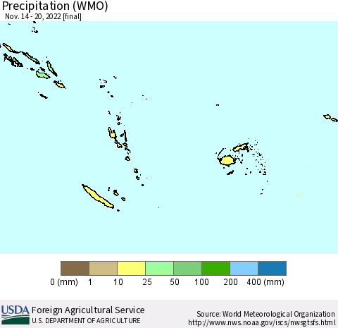 Fiji, Samoa, Solomon Isl. and Vanuatu Precipitation (WMO) Thematic Map For 11/14/2022 - 11/20/2022