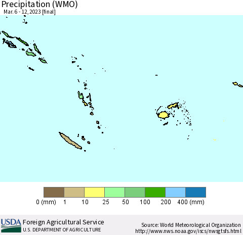 Fiji, Samoa, Solomon Isl. and Vanuatu Precipitation (WMO) Thematic Map For 3/6/2023 - 3/12/2023