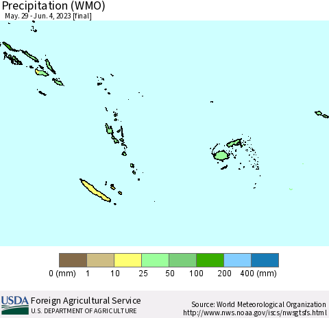 Fiji, Samoa, Solomon Isl. and Vanuatu Precipitation (WMO) Thematic Map For 5/29/2023 - 6/4/2023
