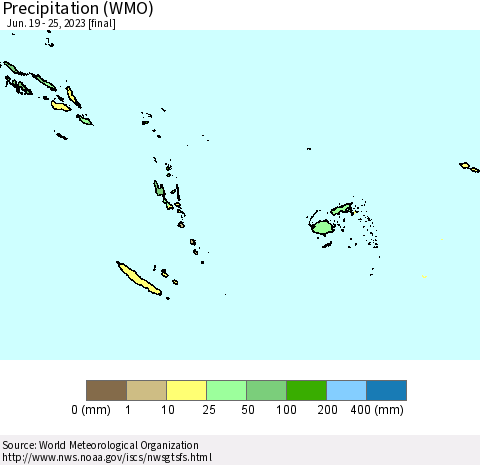 Fiji, Samoa, Solomon Isl. and Vanuatu Precipitation (WMO) Thematic Map For 6/19/2023 - 6/25/2023