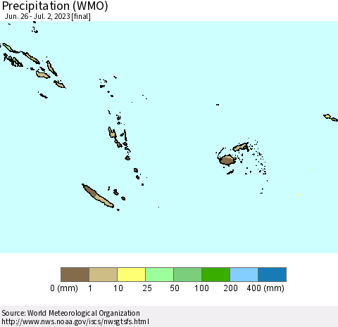 Fiji, Samoa, Solomon Isl. and Vanuatu Precipitation (WMO) Thematic Map For 6/26/2023 - 7/2/2023