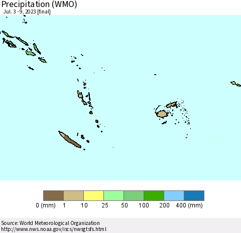 Fiji, Samoa, Solomon Isl. and Vanuatu Precipitation (WMO) Thematic Map For 7/3/2023 - 7/9/2023
