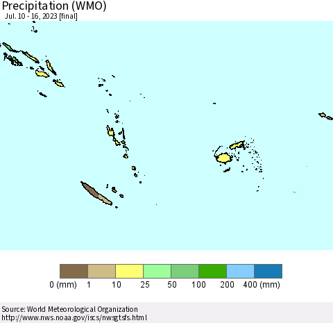 Fiji, Samoa, Solomon Isl. and Vanuatu Precipitation (WMO) Thematic Map For 7/10/2023 - 7/16/2023