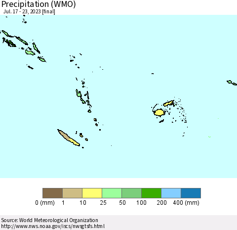 Fiji, Samoa, Solomon Isl. and Vanuatu Precipitation (WMO) Thematic Map For 7/17/2023 - 7/23/2023