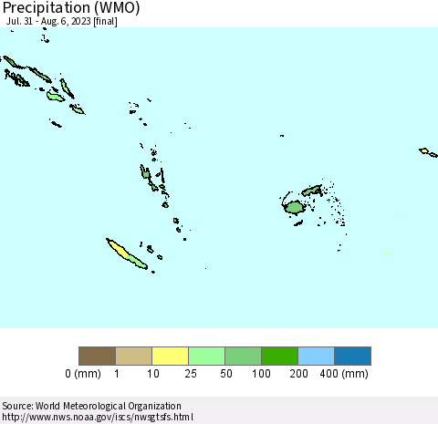 Fiji, Samoa, Solomon Isl. and Vanuatu Precipitation (WMO) Thematic Map For 7/31/2023 - 8/6/2023