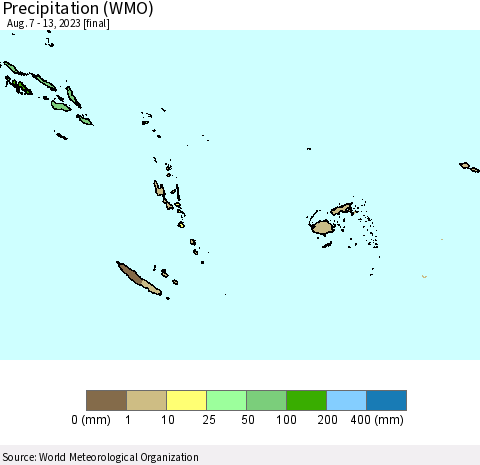 Fiji, Samoa, Solomon Isl. and Vanuatu Precipitation (WMO) Thematic Map For 8/7/2023 - 8/13/2023