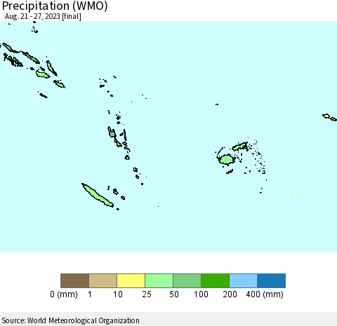 Fiji, Samoa, Solomon Isl. and Vanuatu Precipitation (WMO) Thematic Map For 8/21/2023 - 8/27/2023