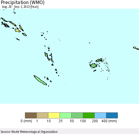 Fiji, Samoa, Solomon Isl. and Vanuatu Precipitation (WMO) Thematic Map For 8/28/2023 - 9/3/2023