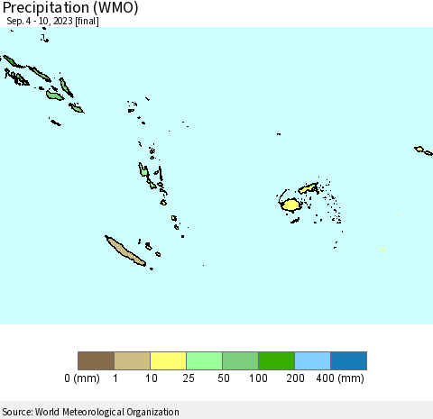Fiji, Samoa, Solomon Isl. and Vanuatu Precipitation (WMO) Thematic Map For 9/4/2023 - 9/10/2023